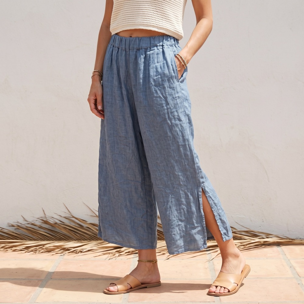 Gigi Moda Women Pants Medium Blue 100% Linen Wide Leg Side Slit Made in Italy